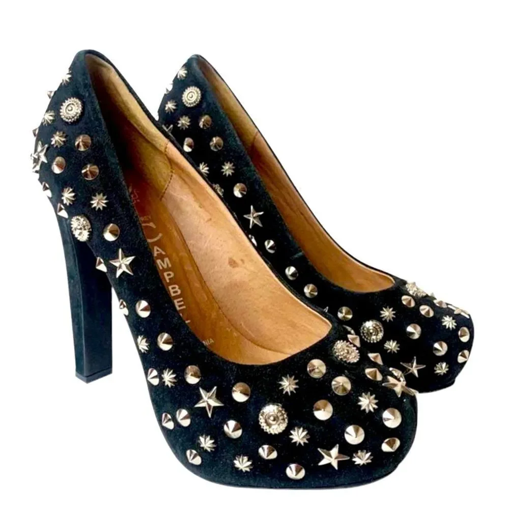 Jeffrey Campbell Black Suede Silver Studded Celestial Platform High Heels NEW
